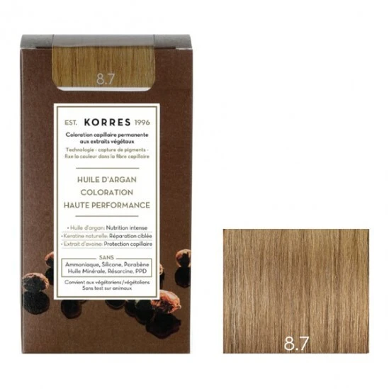 Korres Huile D'argan Kit Coloration Permanente 8.7 Blond Clair Marron 3 Korres Huile D'argan Kit Coloration Permanente 8.7 Blond Clair Marron